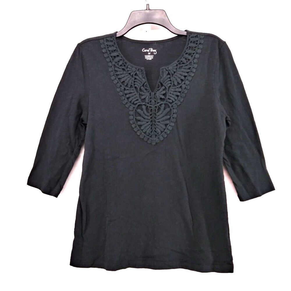 Coral Bay Shirt Womens Size Medium Black Lace Trim Neckline 100% Cotton Top